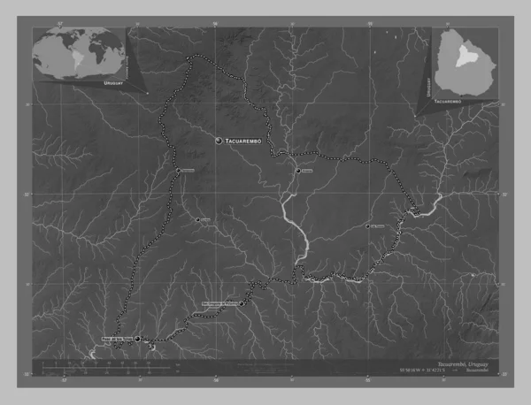 Такуарембо Департамент Уругвая Карта Высот Оттенках Серого Озерами Реками Места — стоковое фото
