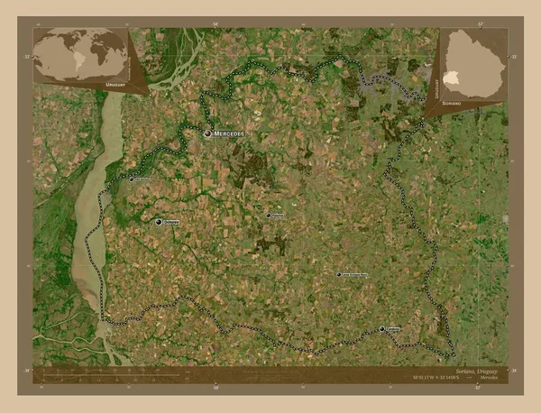 Soriano 乌拉圭省 低分辨率卫星地图 该区域主要城市的地点和名称 角辅助位置图 — 图库照片