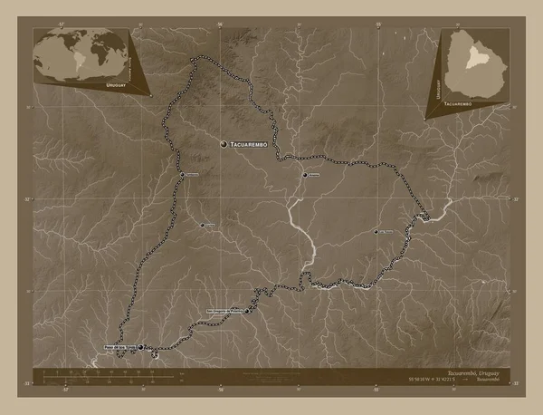 Такуарембо Департамент Уругвая Карта Высоты Окрашенная Сепиевые Тона Озерами Реками — стоковое фото