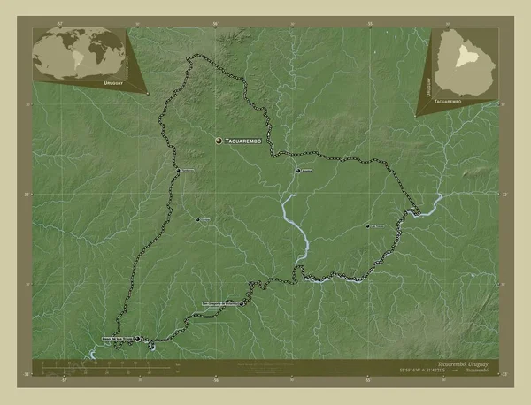 Tacuarembo 乌拉圭省 用Wiki风格绘制的带有湖泊和河流的高程地图 该区域主要城市的地点和名称 角辅助位置图 — 图库照片