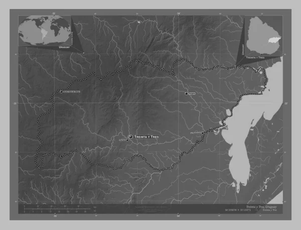 Treinta Tres Department Uruguay Grayscale Elevation Map Lakes Rivers Locations — Stock Photo, Image