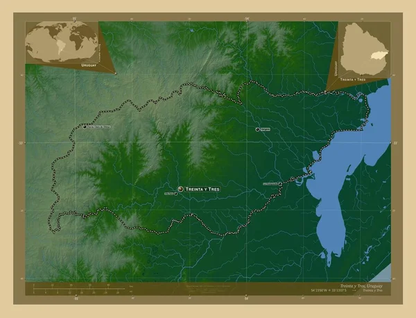 ウルグアイのTreinta Tres県 湖や川と色の標高マップ 地域の主要都市の位置と名前 コーナー補助位置図 — ストック写真