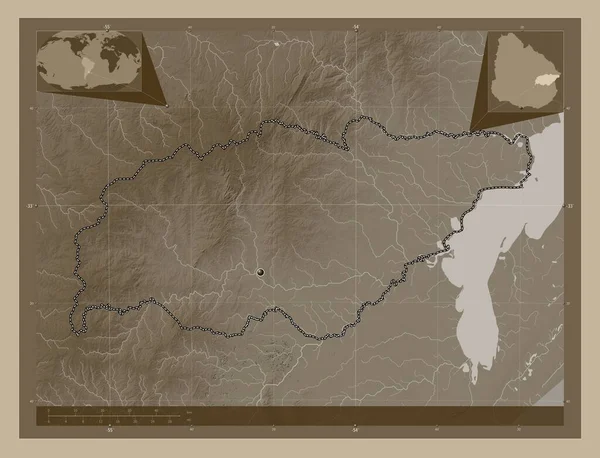 Treinta Tres Oddělení Uruguaye Zdvihová Mapa Zbarvená Sépiovými Tóny Jezery — Stock fotografie