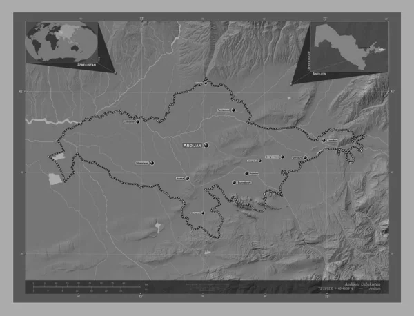 アンディジョン ウズベキスタンの地域 湖や川と二階の標高マップ 地域の主要都市の位置と名前 コーナー補助位置図 — ストック写真