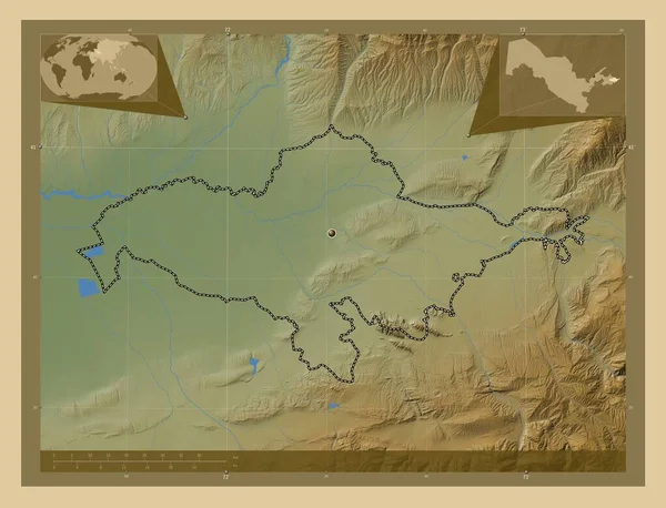 アンディジョン ウズベキスタンの地域 湖や川と色の標高マップ コーナー補助位置図 — ストック写真
