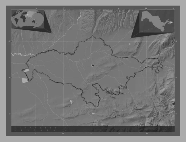 Andijon Region Uzbekistan Bilevel Elevation Map Lakes Rivers Corner Auxiliary — Stock Photo, Image