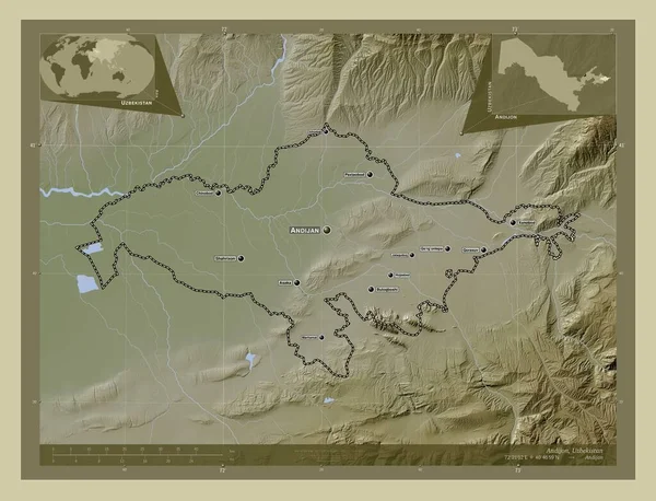 アンディジョン ウズベキスタンの地域 湖や川とWikiスタイルで着色された標高マップ 地域の主要都市の位置と名前 コーナー補助位置図 — ストック写真