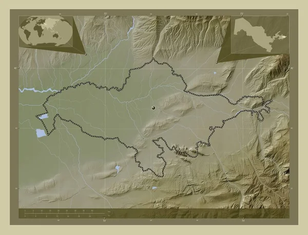 Andijon, region of Uzbekistan. Elevation map colored in wiki style with lakes and rivers. Corner auxiliary location maps
