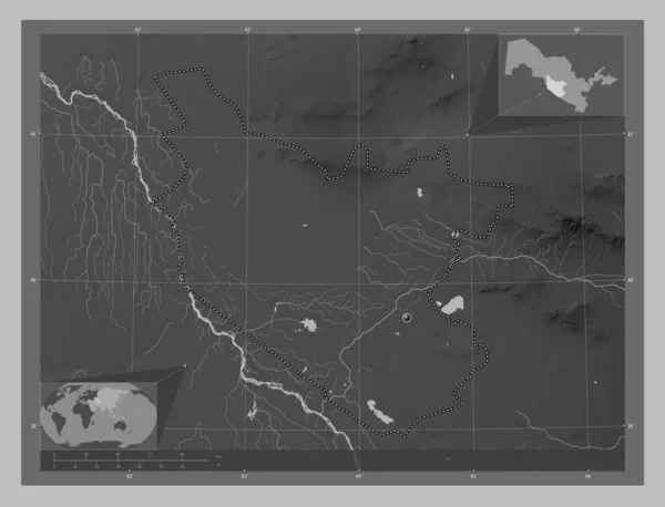 Bukhoro Regionen Uzbekistan Grayscale Höjdkarta Med Sjöar Och Floder Hjälpkartor — Stockfoto