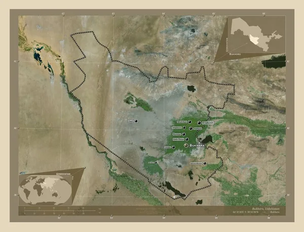 Bukhoro Región Uzbekistán Mapa Satelital Alta Resolución Ubicaciones Nombres Las — Foto de Stock