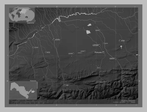 Ferghana Oblast Uzbekistánu Výškové Mapy Jezery Řekami Umístění Názvy Velkých — Stock fotografie