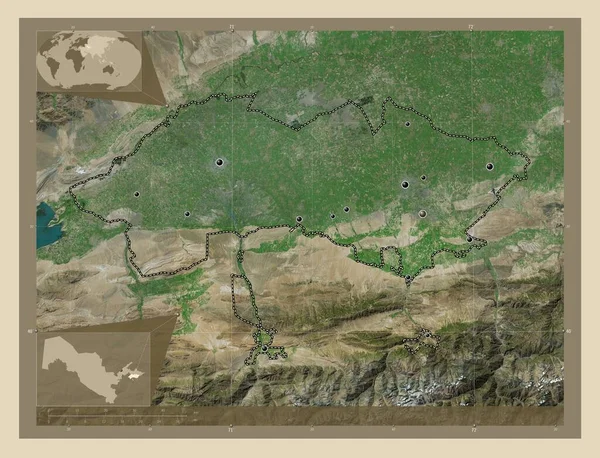 乌兹别克斯坦费尔干纳地区 高分辨率卫星地图 该区域主要城市的所在地点 角辅助位置图 — 图库照片
