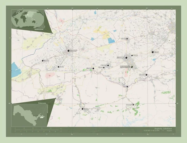 フェルガナ ウズベキスタンの地域 ストリートマップを開く 地域の主要都市の位置と名前 コーナー補助位置図 — ストック写真