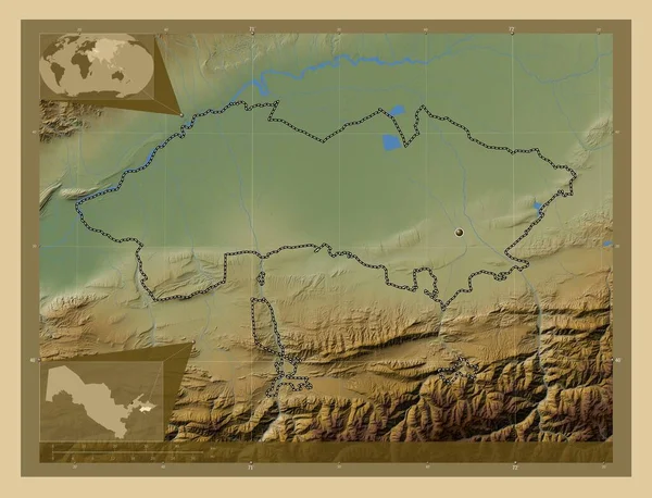 Ferghana Περιφέρεια Ουζμπεκιστάν Χρωματιστός Υψομετρικός Χάρτης Λίμνες Και Ποτάμια Γωνιακοί — Φωτογραφία Αρχείου