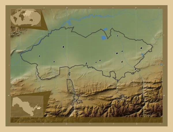 Ferghana Περιφέρεια Ουζμπεκιστάν Χρωματιστός Υψομετρικός Χάρτης Λίμνες Και Ποτάμια Τοποθεσίες — Φωτογραφία Αρχείου