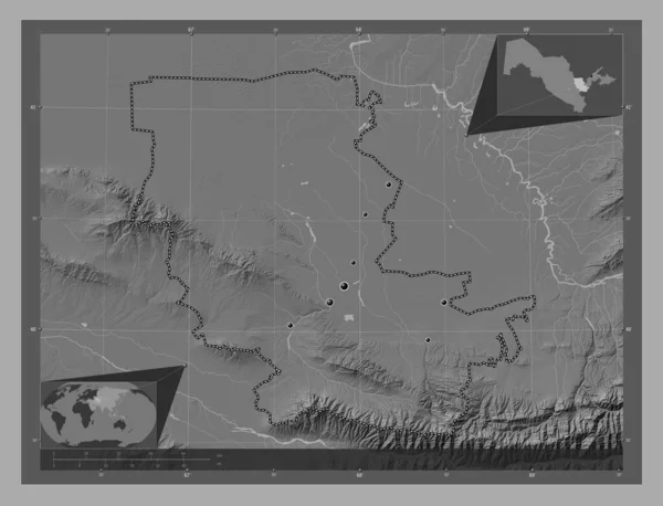 Chalé Região Uzbequistão Bilevel Mapa Elevação Com Lagos Rios Locais — Fotografia de Stock