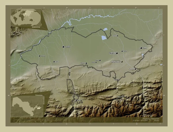フェルガナ ウズベキスタンの地域 湖や川とWikiスタイルで着色された標高マップ 地域の主要都市の位置と名前 コーナー補助位置図 — ストック写真