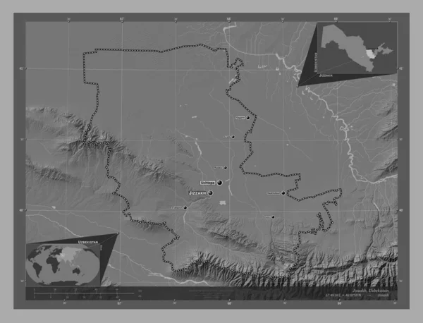 Jalá Región Uzbekistán Mapa Elevación Bilevel Con Lagos Ríos Ubicaciones — Foto de Stock