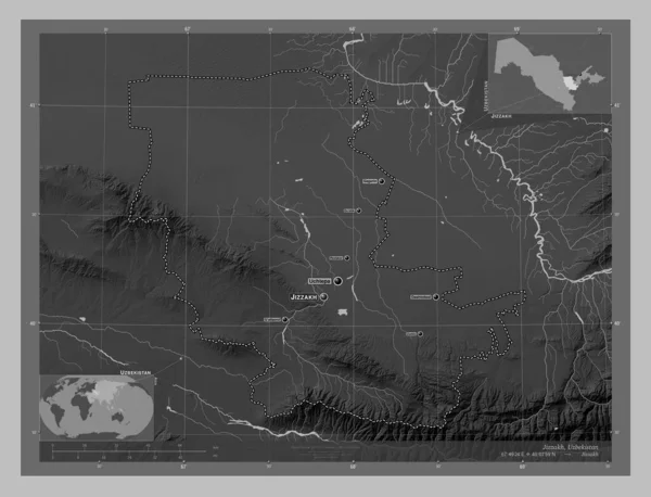 Джиззак Район Узбекистану Граймасштабна Мапа Висот Озерами Річками Місця Розташування — стокове фото