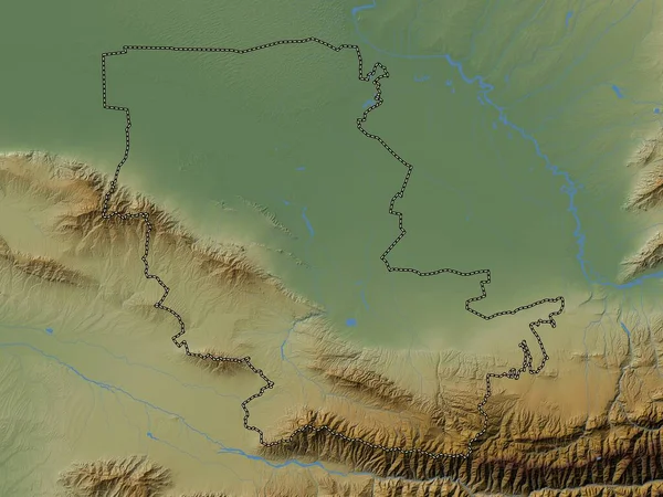 ジザフ ウズベキスタンの地域 湖や川と色の標高マップ — ストック写真