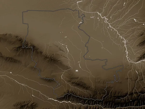 Jizzakh, region of Uzbekistan. Elevation map colored in sepia tones with lakes and rivers