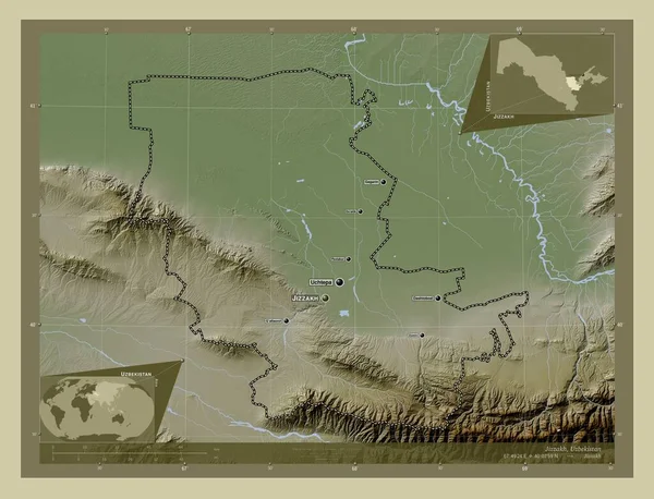 Jizzakh, region of Uzbekistan. Elevation map colored in wiki style with lakes and rivers. Locations and names of major cities of the region. Corner auxiliary location maps