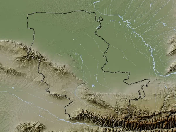 ジザフ ウズベキスタンの地域 湖や川とWikiスタイルで着色された標高マップ — ストック写真