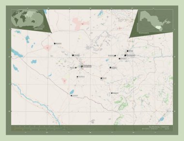 Kashkadarya, Özbekistan bölgesi. Açık Sokak Haritası. Bölgenin büyük şehirlerinin yerleri ve isimleri. Köşedeki yedek konum haritaları