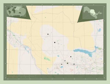 Navoi, Özbekistan bölgesi. Açık Sokak Haritası. Bölgenin büyük şehirlerinin yerleri. Köşedeki yedek konum haritaları