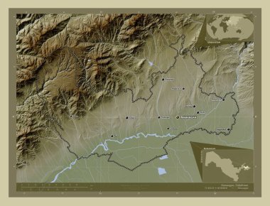 Namangan, Özbekistan bölgesi. Yükseklik haritası göller ve nehirlerle wiki tarzında renklendirilmiş. Bölgenin büyük şehirlerinin yerleri ve isimleri. Köşedeki yedek konum haritaları