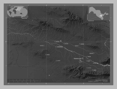 Semerkand, Özbekistan bölgesi. Gölleri ve nehirleri olan gri tonlama yükseklik haritası. Bölgenin büyük şehirlerinin yerleri ve isimleri. Köşedeki yedek konum haritaları