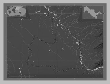 Sirdaryo, Özbekistan bölgesi. Gölleri ve nehirleri olan gri tonlama yükseklik haritası. Köşedeki yedek konum haritaları
