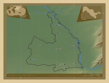 Sirdaryo, Özbekistan bölgesi. Gölleri ve nehirleri olan renkli yükseklik haritası. Bölgenin büyük şehirlerinin yerleri ve isimleri. Köşedeki yedek konum haritaları