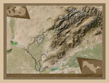 Taşkent, Özbekistan bölgesi. Düşük çözünürlüklü uydu. Bölgenin büyük şehirlerinin yerleri. Köşedeki yedek konum haritaları