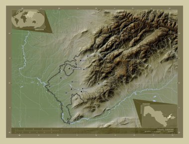 Taşkent, Özbekistan bölgesi. Yükseklik haritası göller ve nehirlerle wiki tarzında renklendirilmiş. Bölgenin büyük şehirlerinin yerleri ve isimleri. Köşedeki yedek konum haritaları