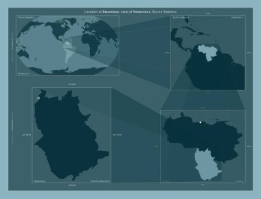 Amazonlar, Venezuela eyaleti. Büyük ölçekli haritalarda bölgenin yerini gösteren diyagram. Katı bir arkaplan üzerinde vektör çerçevelerinin ve PNG şekillerinin bileşimi