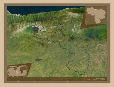 Aragua, Venezuela eyaleti. Düşük çözünürlüklü uydu. Bölgenin büyük şehirlerinin yerleri ve isimleri. Köşedeki yedek konum haritaları