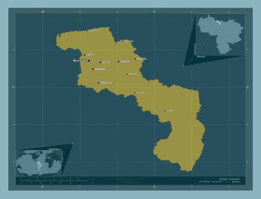 Aragua, Venezuela eyaleti. Katı renk şekli. Bölgenin büyük şehirlerinin yerleri ve isimleri. Köşedeki yedek konum haritaları