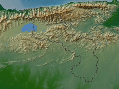 Aragua, Venezuela eyaleti. Gölleri ve nehirleri olan renkli yükseklik haritası