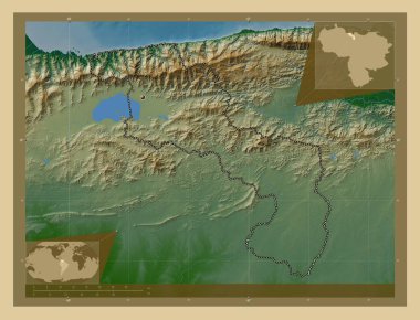 Aragua, Venezuela eyaleti. Gölleri ve nehirleri olan renkli yükseklik haritası. Köşedeki yedek konum haritaları