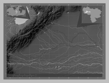 Barinas, Venezuela eyaleti. Gölleri ve nehirleri olan gri tonlama yükseklik haritası. Köşedeki yedek konum haritaları