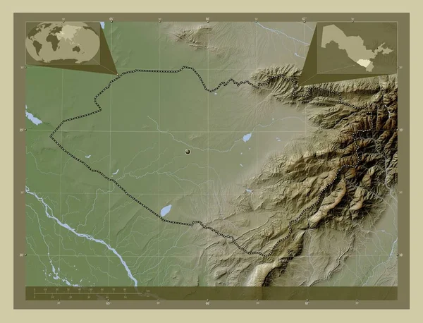Kashkadarya 乌兹别克斯坦地区 用Wiki风格绘制的带有湖泊和河流的高程地图 角辅助位置图 — 图库照片