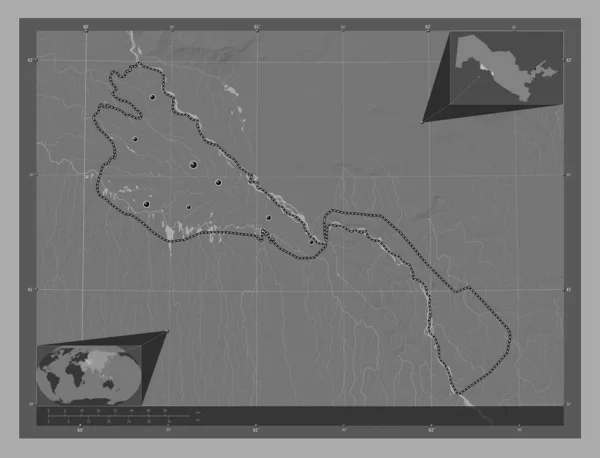 Jorezm Región Uzbekistán Mapa Elevación Bilevel Con Lagos Ríos Ubicaciones — Foto de Stock