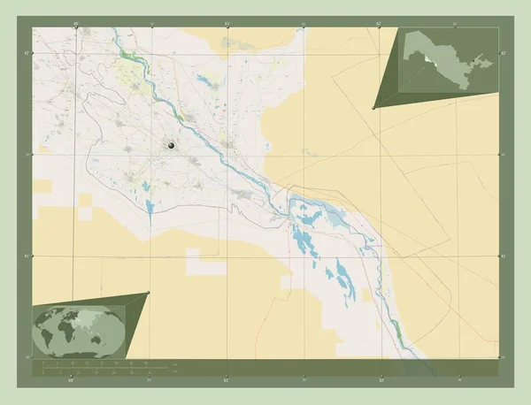 Khorezm Region Uzbekistanu Otwórz Mapę Ulic Pomocnicze Mapy Położenia Narożnika — Zdjęcie stockowe