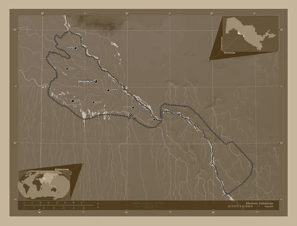 Chórezm Oblast Uzbekistánu Zdvihová Mapa Zbarvená Sépiovými Tóny Jezery Řekami — Stock fotografie
