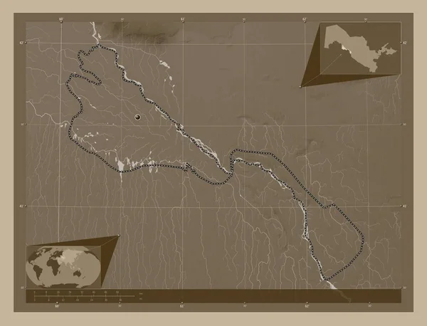 Хорезм Область Узбекистана Карта Высоты Окрашенная Сепиевые Тона Озерами Реками — стоковое фото