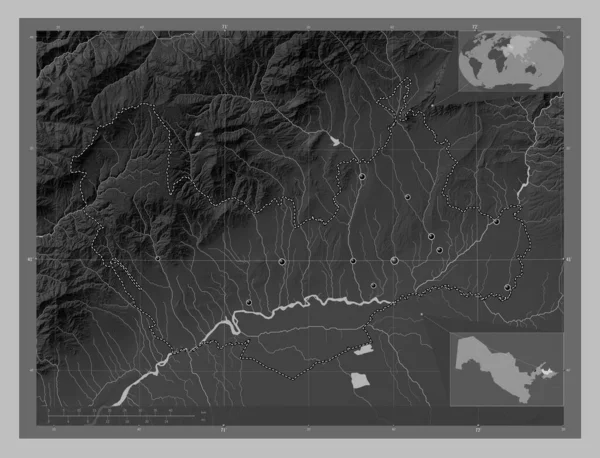 Namangan Regio Oezbekistan Grayscale Hoogte Kaart Met Meren Rivieren Locaties — Stockfoto