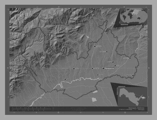 Namangan Regio Oezbekistan Hoogteplattegrond Met Meren Rivieren Locaties Namen Van — Stockfoto