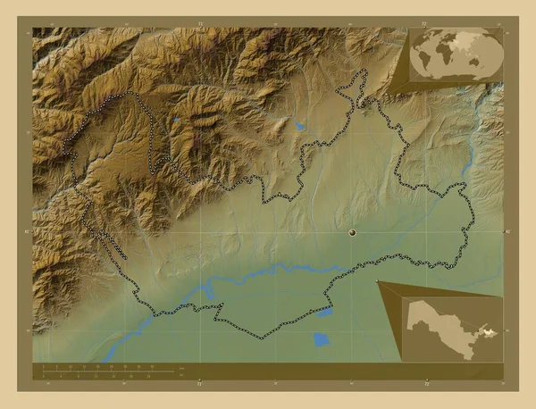Наманган Область Узбекистана Цветная Карта Высоты Озерами Реками Вспомогательные Карты — стоковое фото