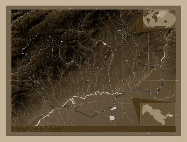 Namangan Oblast Uzbekistánu Zdvihová Mapa Zbarvená Sépiovými Tóny Jezery Řekami — Stock fotografie